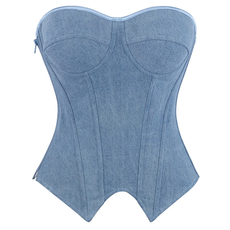 Corsé de mezclilla azul para mujer con cremallera lateral, top moldeador de moda, sexy sin tirantes, adelgazante con copas de sujetador incorporadas.