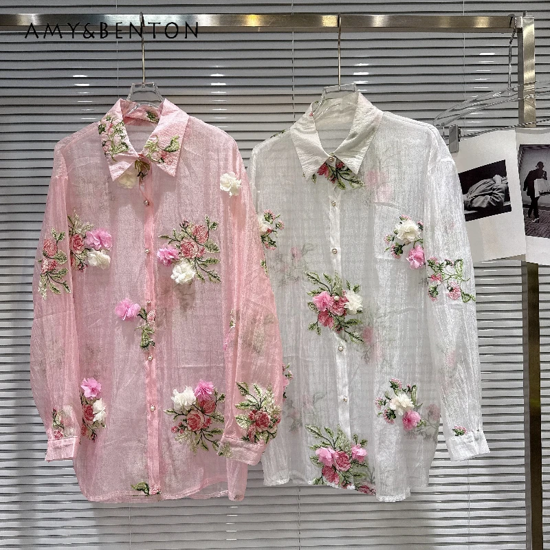 

Holiday Style Colored Flower Embroidery Pattern Women's Shirt 2026 Summer New Loose Versatile Thin Long-sleeved Shirts Ladies