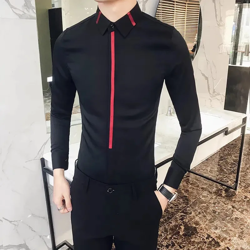 

Мужская приталенная рубашка с длинным рукавом, контрастными красными полосками и отложным воротником, для делового и повседневного стиля