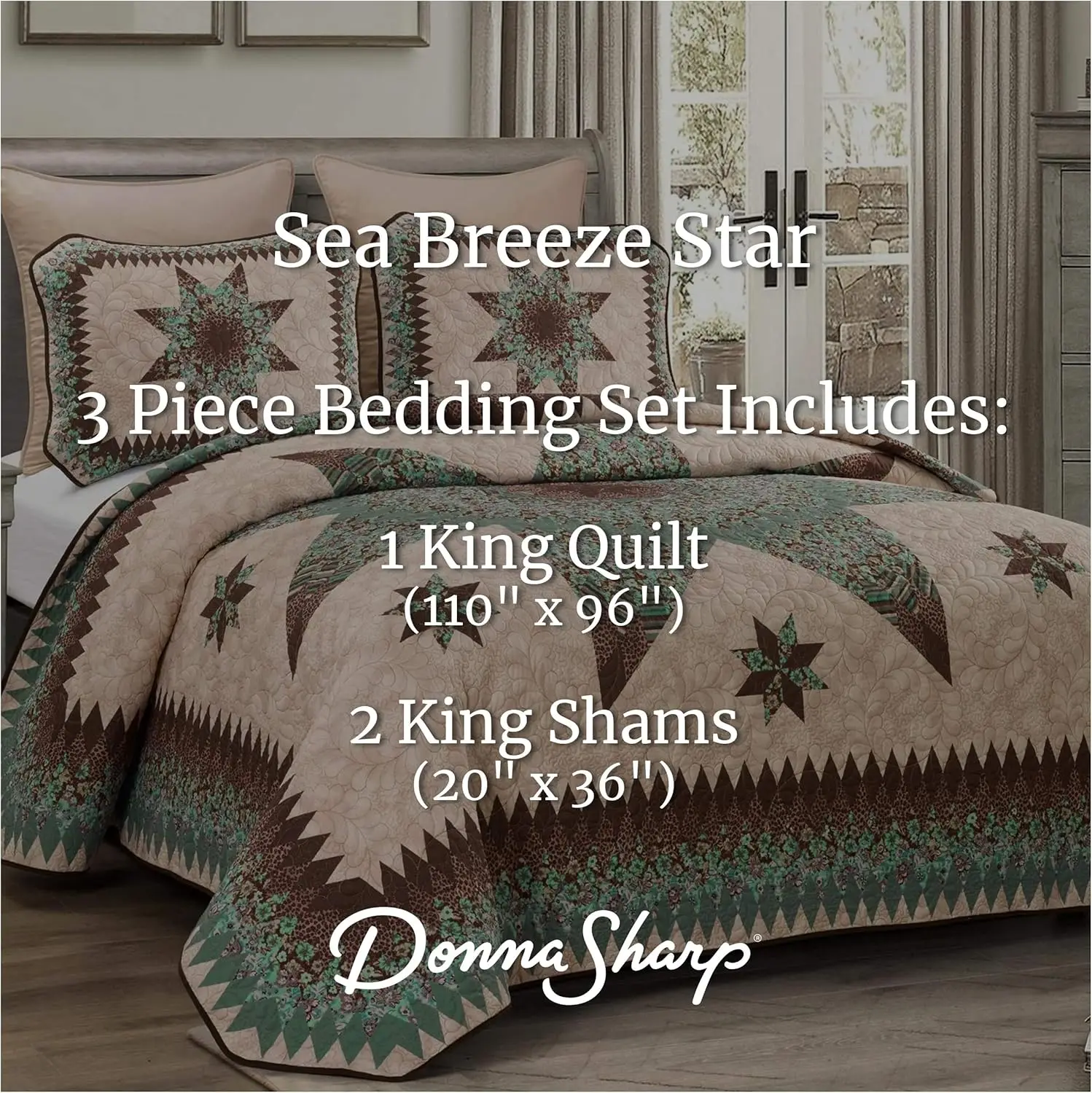 Donna Sharp Contemporary Quilt Bedding Set With Sea Breeze Star Design - 3-Piece King Size Quilt Set, Includes Quilt, And Two