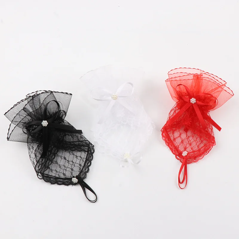 Gloves Faux Pearl Flower Finger Loop Hollow Mesh Lace Ivory White Standard Size Lightweight Halloween Party Bridal Cosplay Cute