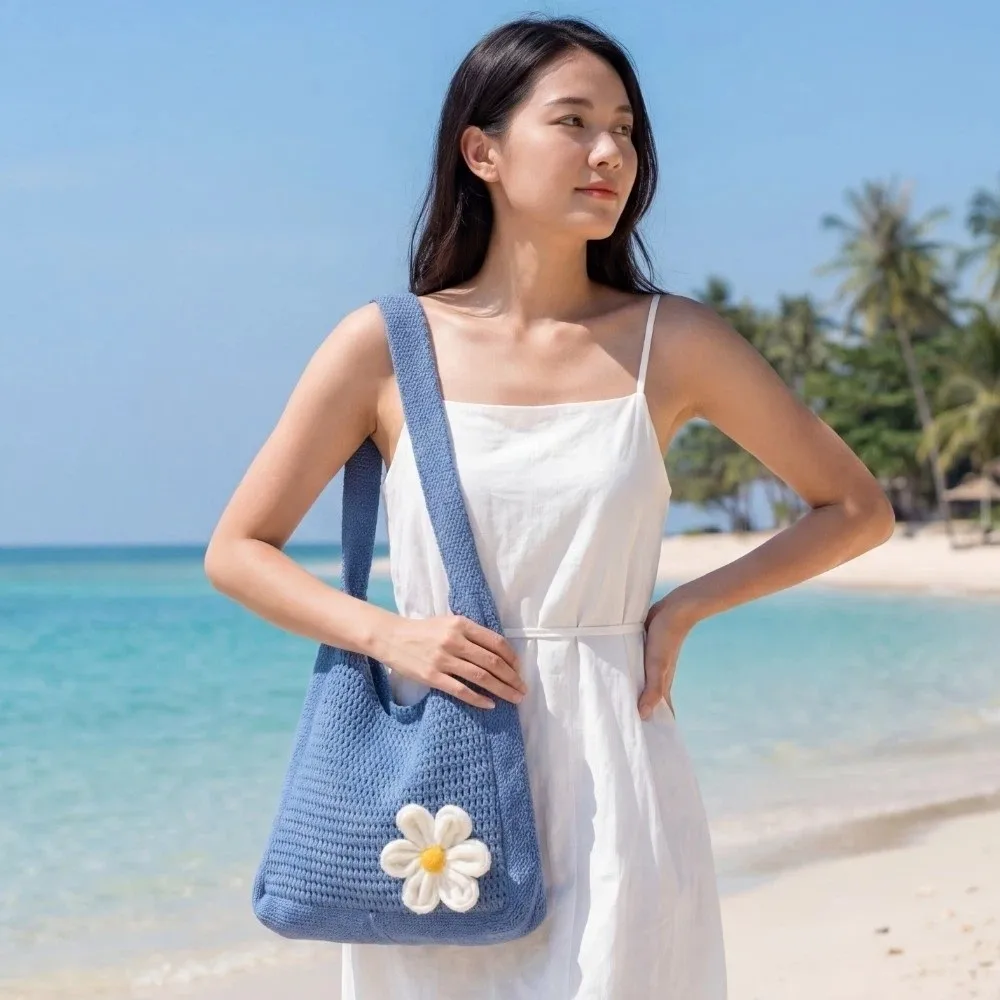 

Sweet Knitted Tote Bag Breathable with Crochet Flower Crochet Shoulder Bag Solid Color Lightweight Seaside Vacation Handbag