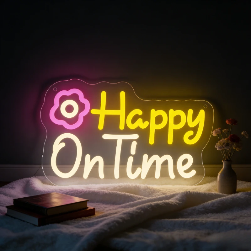 Happy On Time Neon Sign LED Light for Bedroom Desk Decor Aesthetic Flower Design USB Night Light Mood Lighting Wall Art Gift