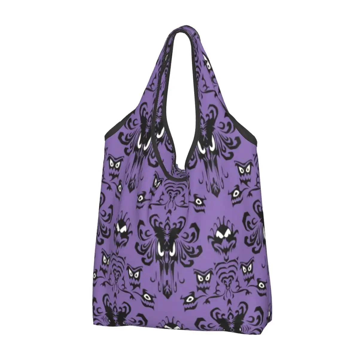 Custom Reusable Happy Haunts Shopping Bag Women Tote Bag Portable Haunted Mansion Wallpaper Grocery Shopper Bags