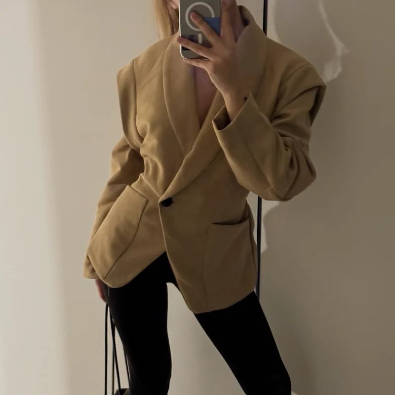 

Women Brown Suede Jacket Loose Casual Bomber Coat Lapel Button Long Sleeve Jackets Vintage Lady Motorcycle Outwears