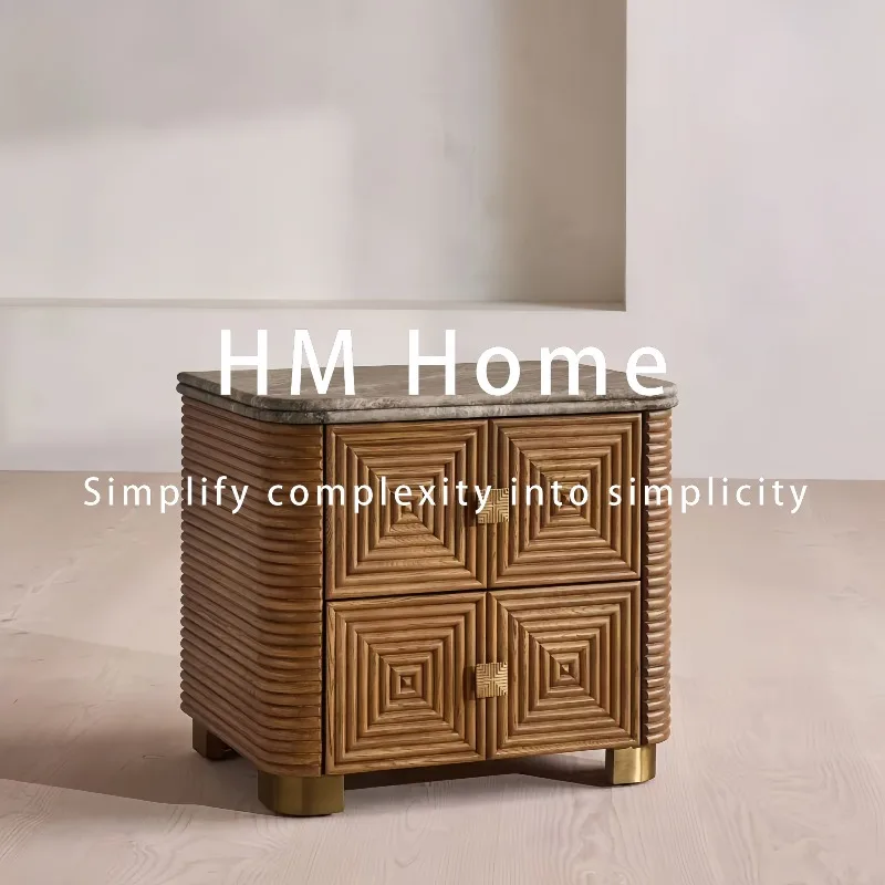 Geometric texture Square storage cabinet Medium antique solid wood marble countertop Bedside table