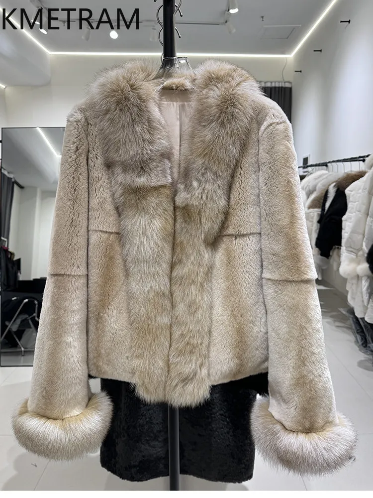 KMETRAM Natural Rex Rabbit Fur Coat Woman Fashion Fox Collar Real Fur Jacket Winter Outerwears Women Clothing 2026 Fourrure
