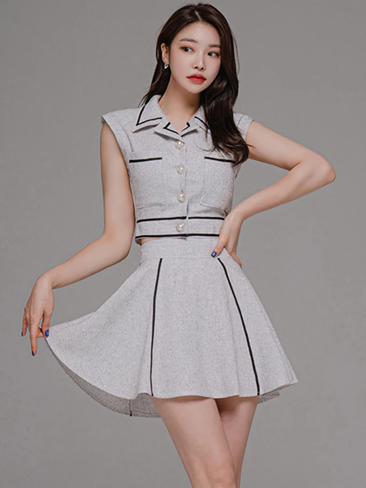 

Sexy 2 Piece Outfit Elegant Women Temperament Casual Vintage Cropped Tops Shirt Blouse High Waist Mini Skirt Lady Mujer Slim Set