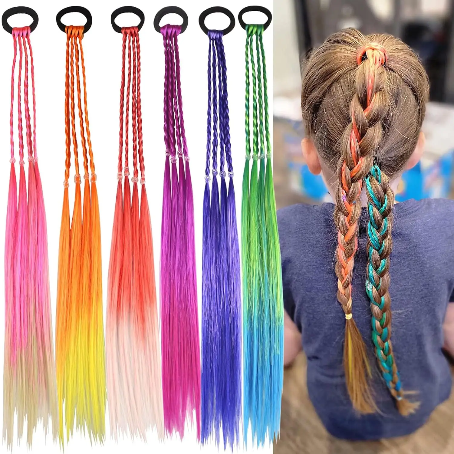 

6PCS Rainbow Braid Hair Extensions for Girls, Ponytail Accessories, 15.3 inches