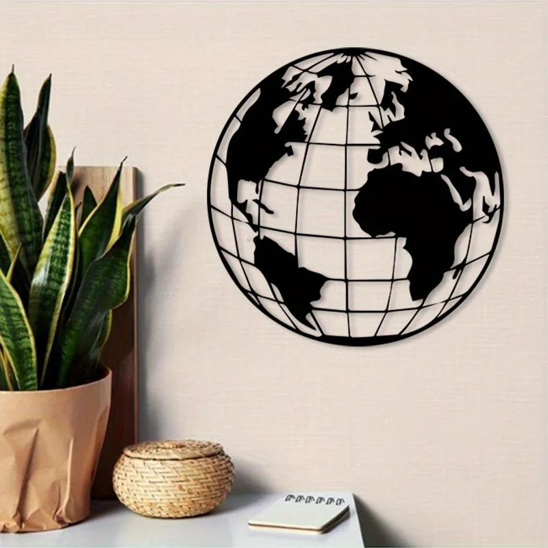 Décoration Murale Globe Terrestre en Fer, Art Mural Vintage Noir pour Salle de Classe et Bureau, Décoration Rustique pour Amateurs de Géographie, Cadeau Durable pour la Maison