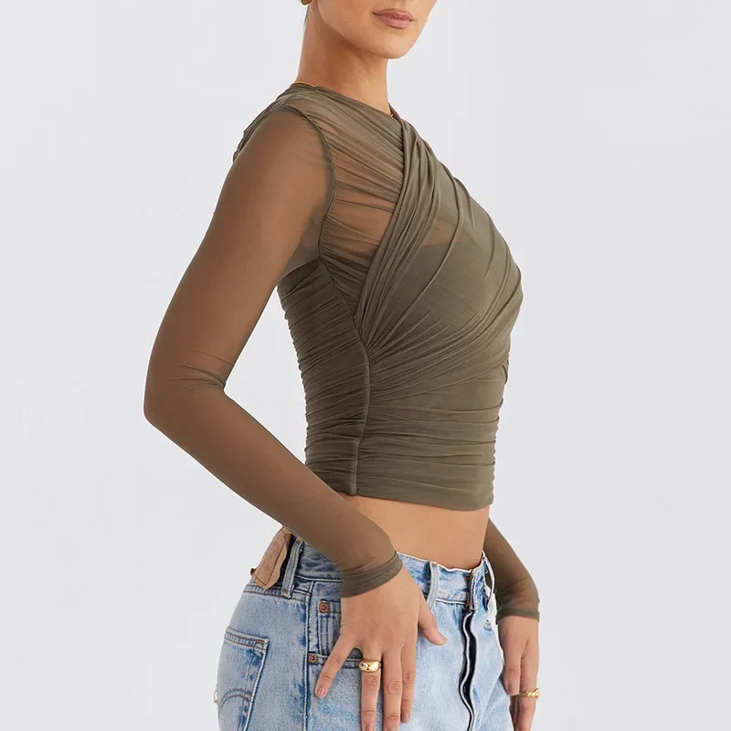 Women's Sexy Mesh See-through Crop Tops with Back Zipper Spring Summer Long Sleeve Midriff Tops Solid Colors T Shirts YWFD005