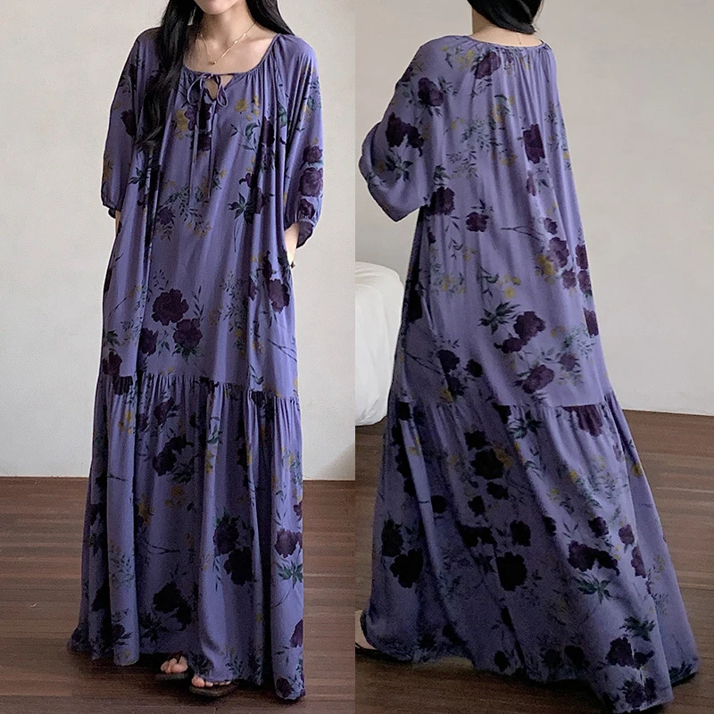 

Womens Long Dress Women Loose Nightgown Spring Summer New Loungewear Floral Print Nightdress Female Sleepwear Casual Homewear