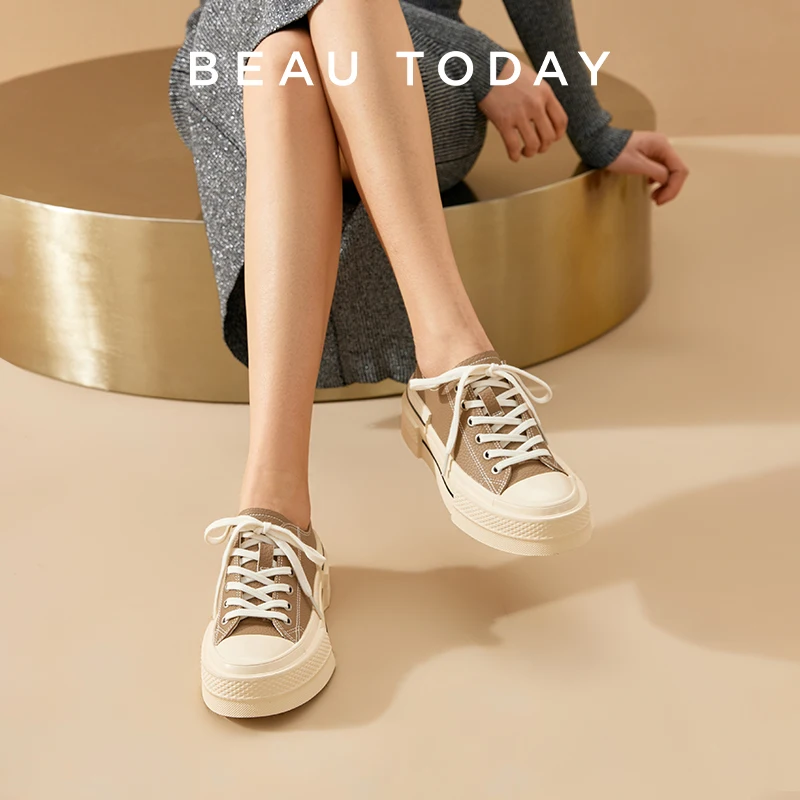 BEAUTODAY Casual Canvas Sneakers Women Cow Leather Solid Color Patchwork Designer Lace-up Ladies Vulcanized Shoes 29256