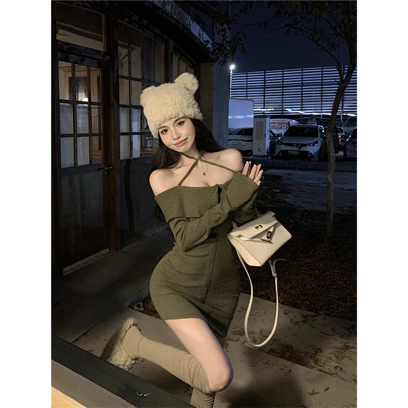 MEXZT Mini abito lavorato a maglia vintage da donna Sexy con spalle scoperte Abiti maglione all'americana Abiti invernali coreani a maniche lunghe aderenti Nuovo