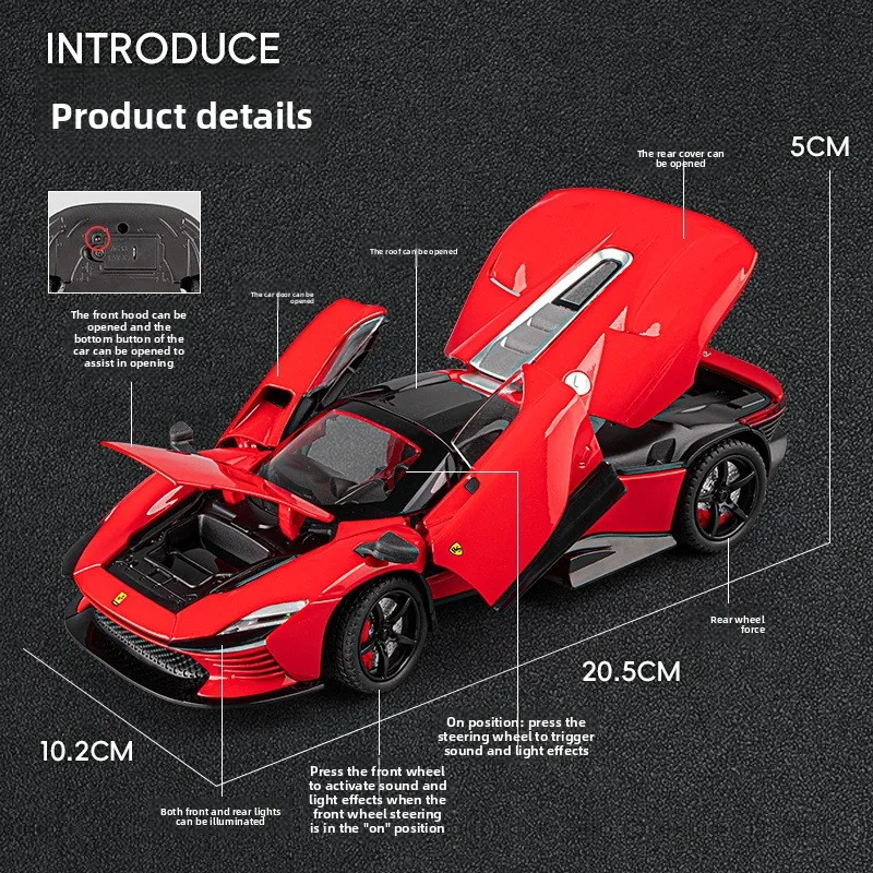 1:22 스케일 SP3 스포츠카 - 합금 풀백 장난감, 플라잉 윙 도어 및 음향광학 효과, 시뮬레이션 자동차 모델