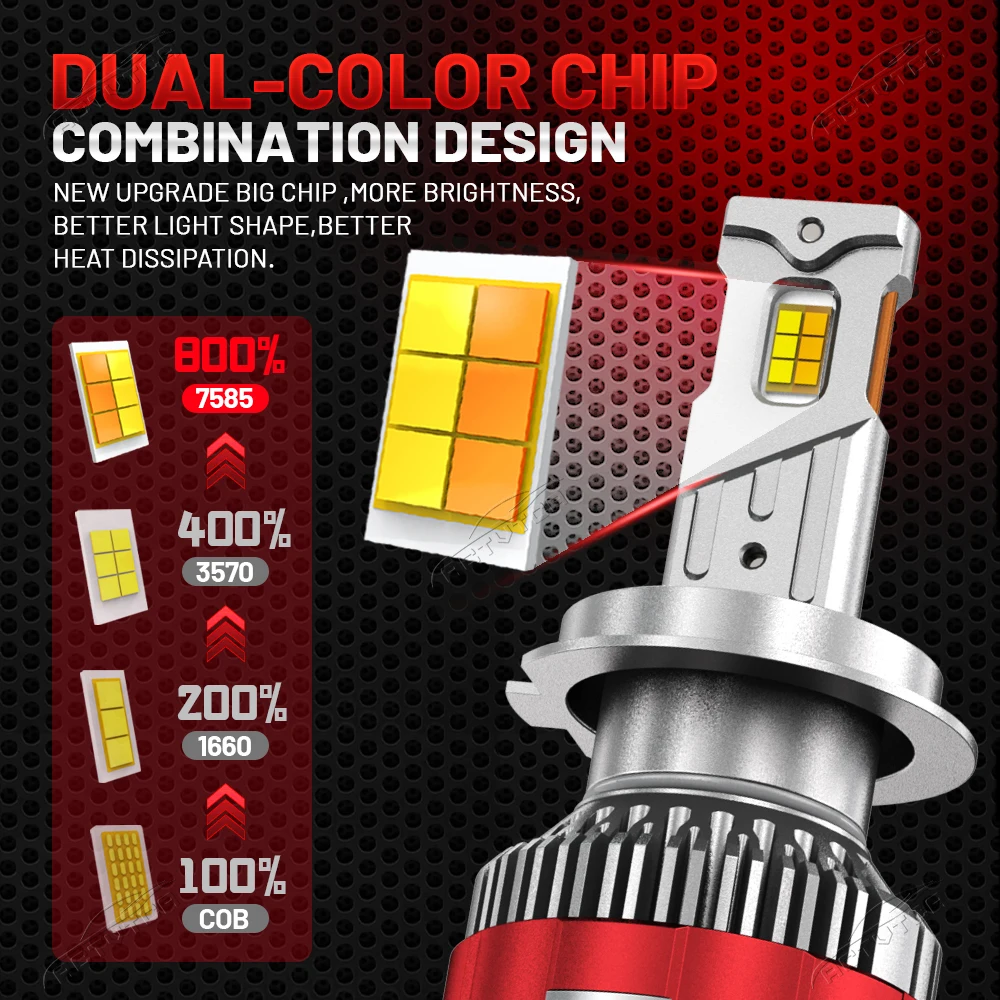 H4 LED H11 9005 HB3 9006 HB4 9012  6000K 4300K 3000K H7 LED Bulb Three Color Remote Control for Car Headlights Lights 12V