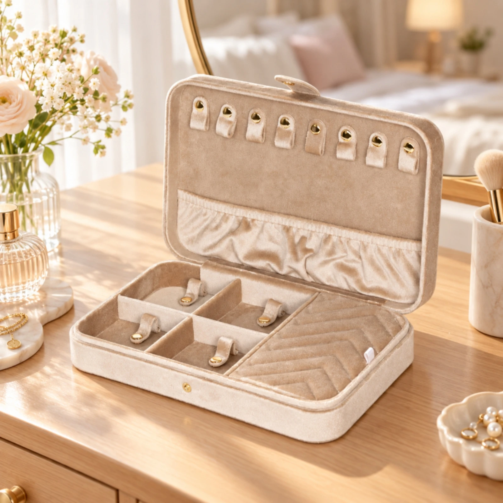 Storage Box Multi-Compartment Velvet Jewelry Box with Necklace Tabs for Dressing Table, Bedroom Storage