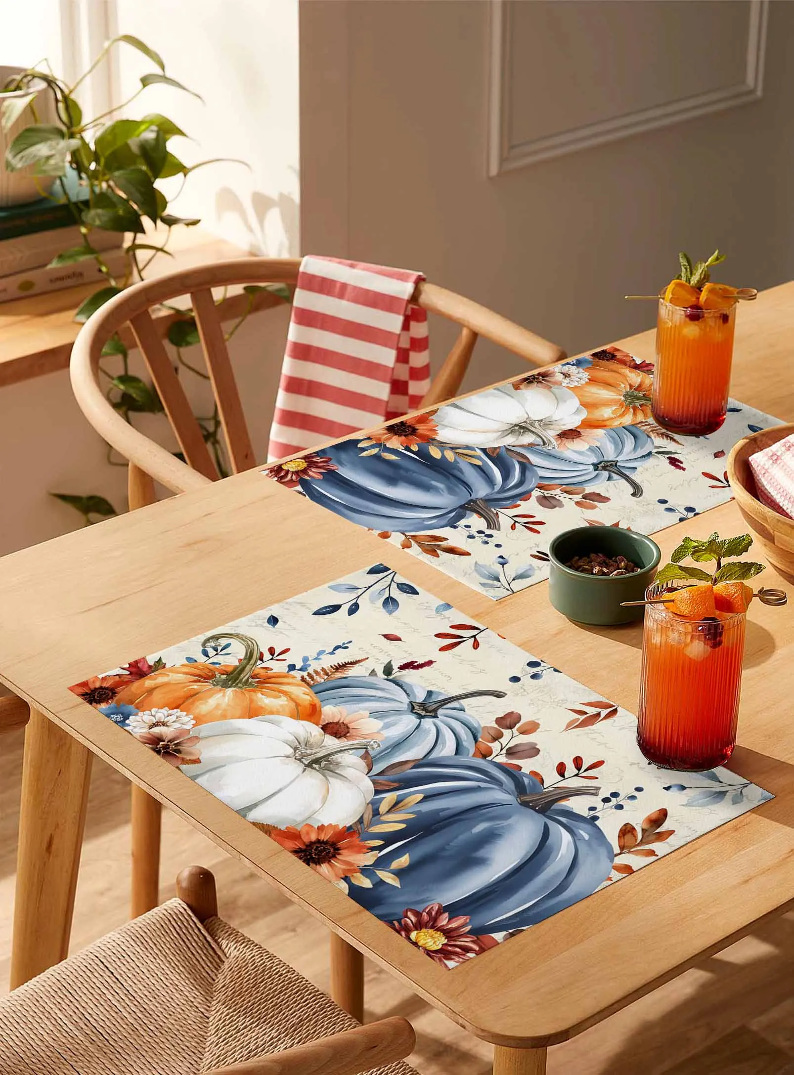 

4/6 Pcs Autumn Orange Pumpkin Eucalyptus Placemat Wedding Party Dining Decor Linen Table Mat Kitchen Accessories