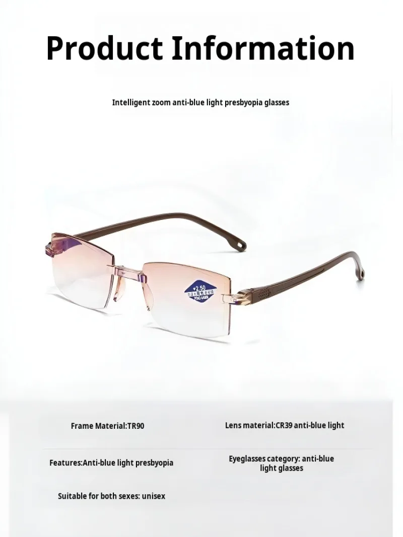 Gafas de lectura ultra transparentes para hombre y mujer, lentes con zoom inteligente, lejos y cerca, de doble uso, sin marco, corte de borde