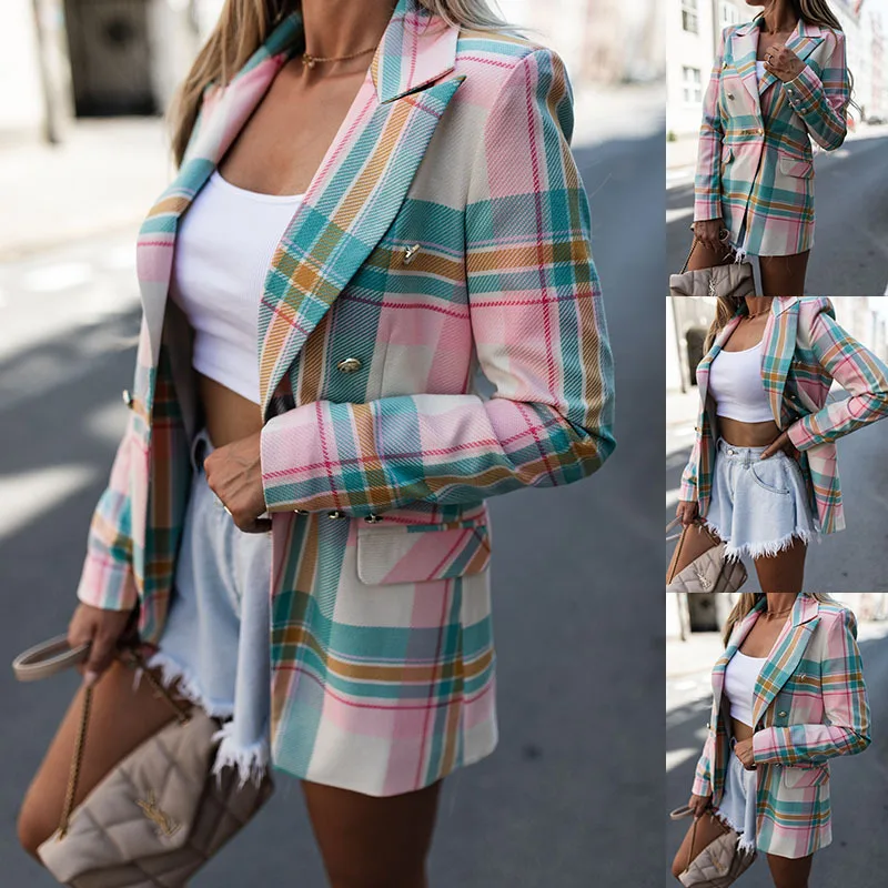 

Europe and America Autumn and Winter Blazers for Women Jacket Grid Printing Coat Tops Temperament Comfortable Ventilate