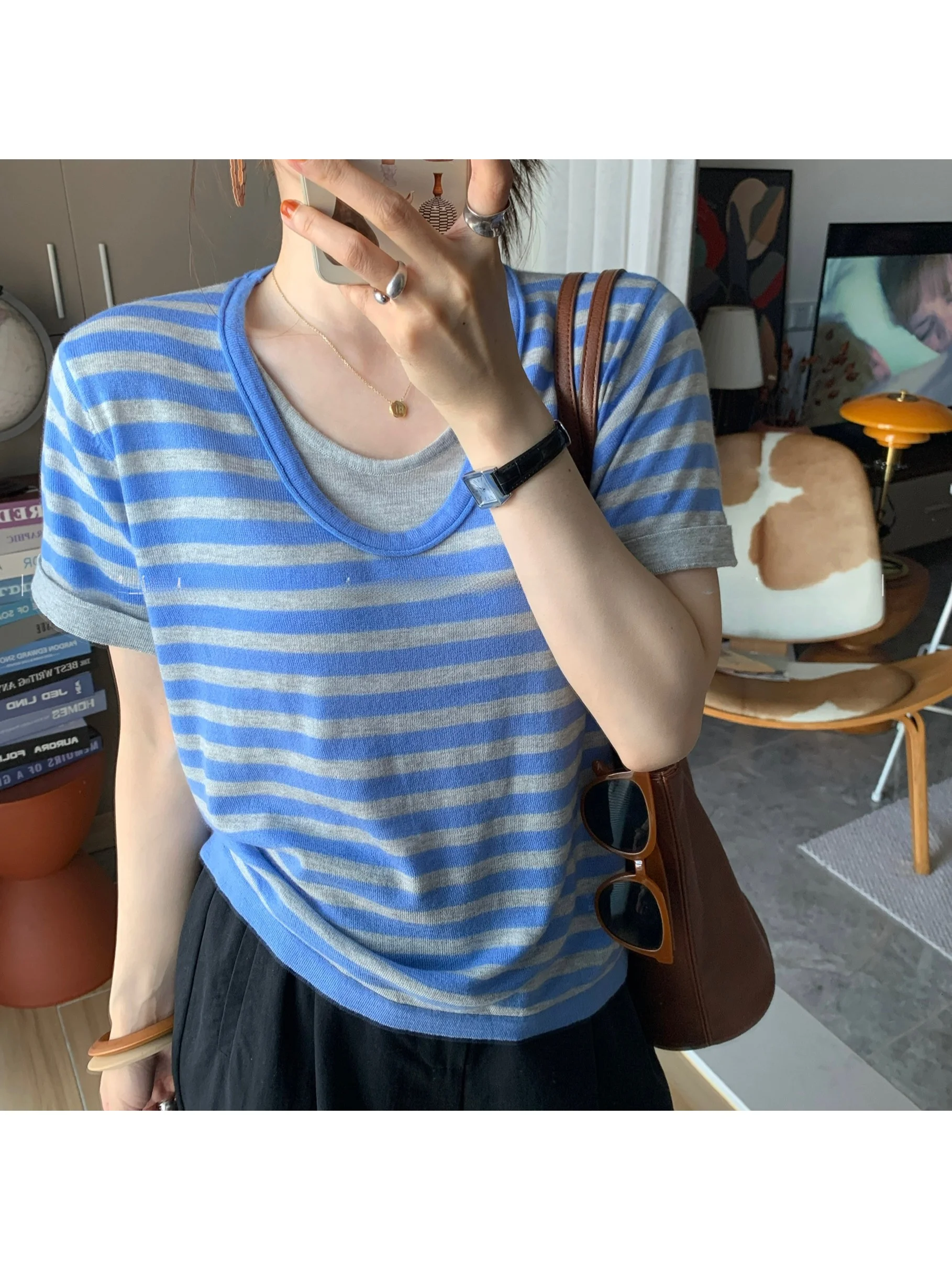 

Женская белая рубашка Miss White Belladonna в корейском стиле, летняя, в полоску, с коротким рукавом, вязаная, для осветления кожи и коррекции фигуры