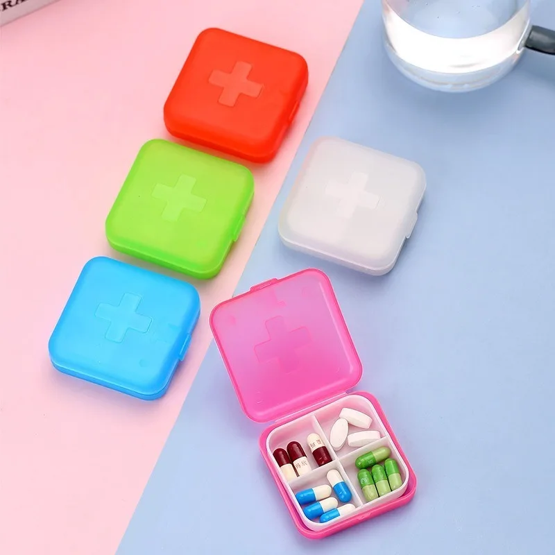 

4Grids Cross Print Pill Box Portable Mini Plastic Pill Storage Pure Color Pocket Medicine Box Outdoor Home Pill Case