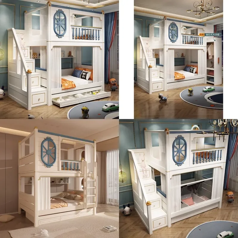 Pink White Bunk Bed for Kids Mother Child Double Loft Frame American Style Princess Bedroom Furniture