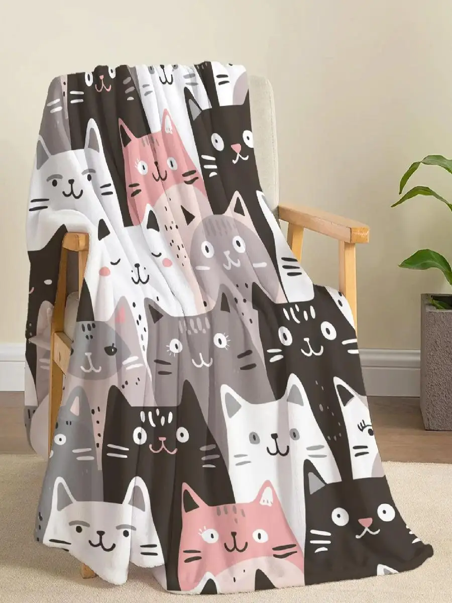 White Base Stacked Cartoon Grey Pink Black Cat Head Flannel Throw Blanket Soft Blanket For Sofa Room Cute Pet Home Decor Gift