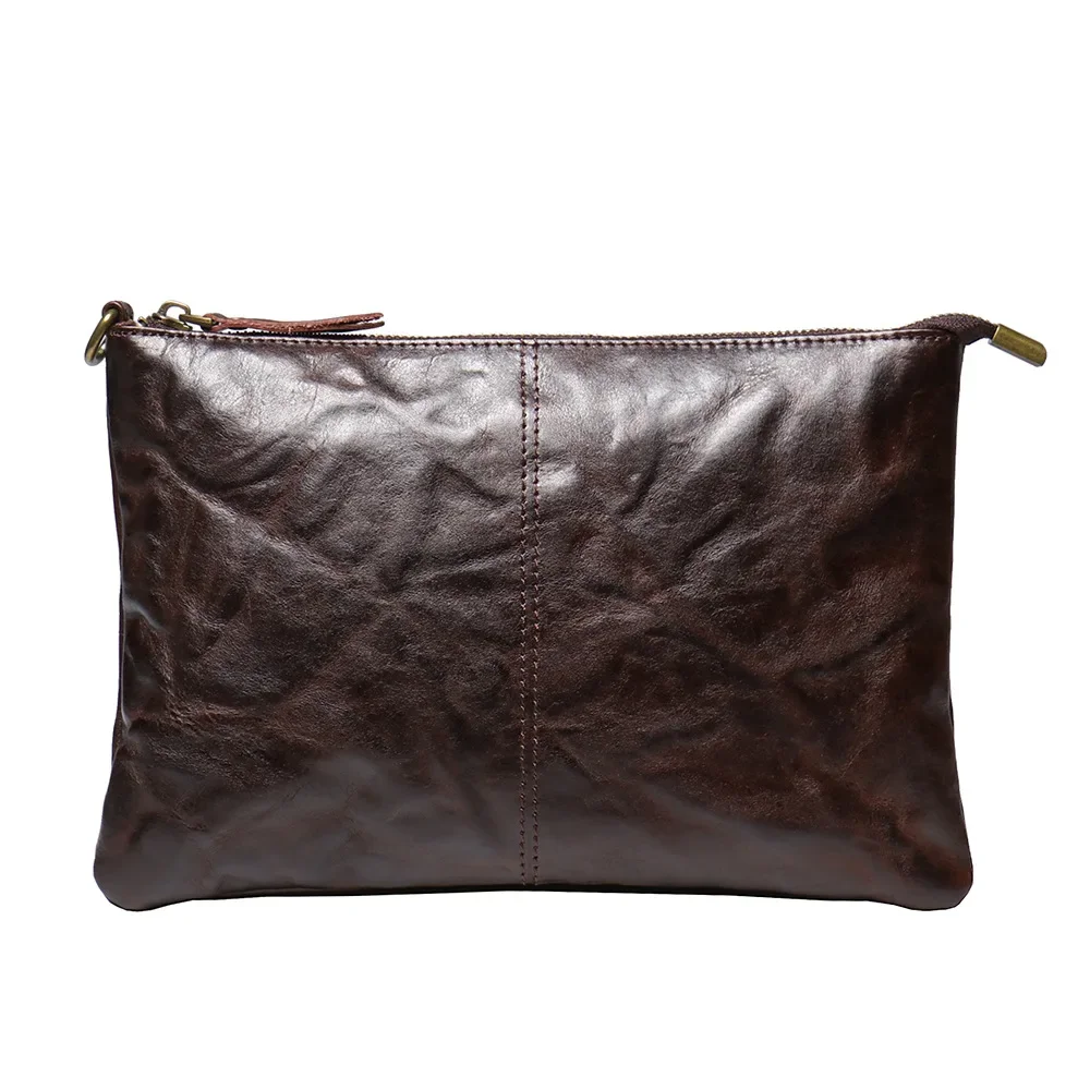 Vintage Men's Leather Clutch Handbag Handmade Vegetable-tanned Leather Document Bag Top Grain Cowhide iPad Bag Simple Wrist Bag