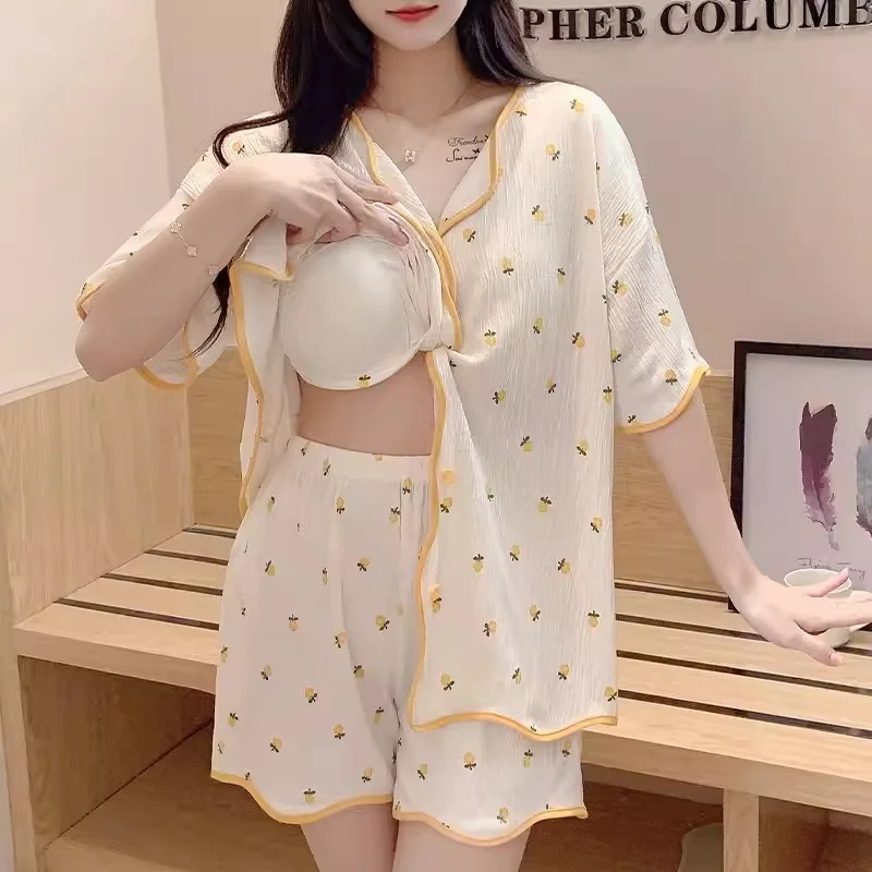 Pajama Women 2024 Summer Thin Pure Cotton Short Sleeved Shorts Cardigan With Chest Pad Integrated no Wear bra Home Clothing set