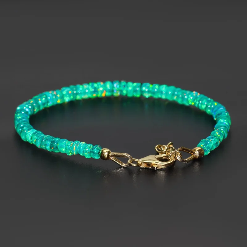 AAA Fire Beaded Bracelet in Sterling Silver with Natural Green Opal view 2