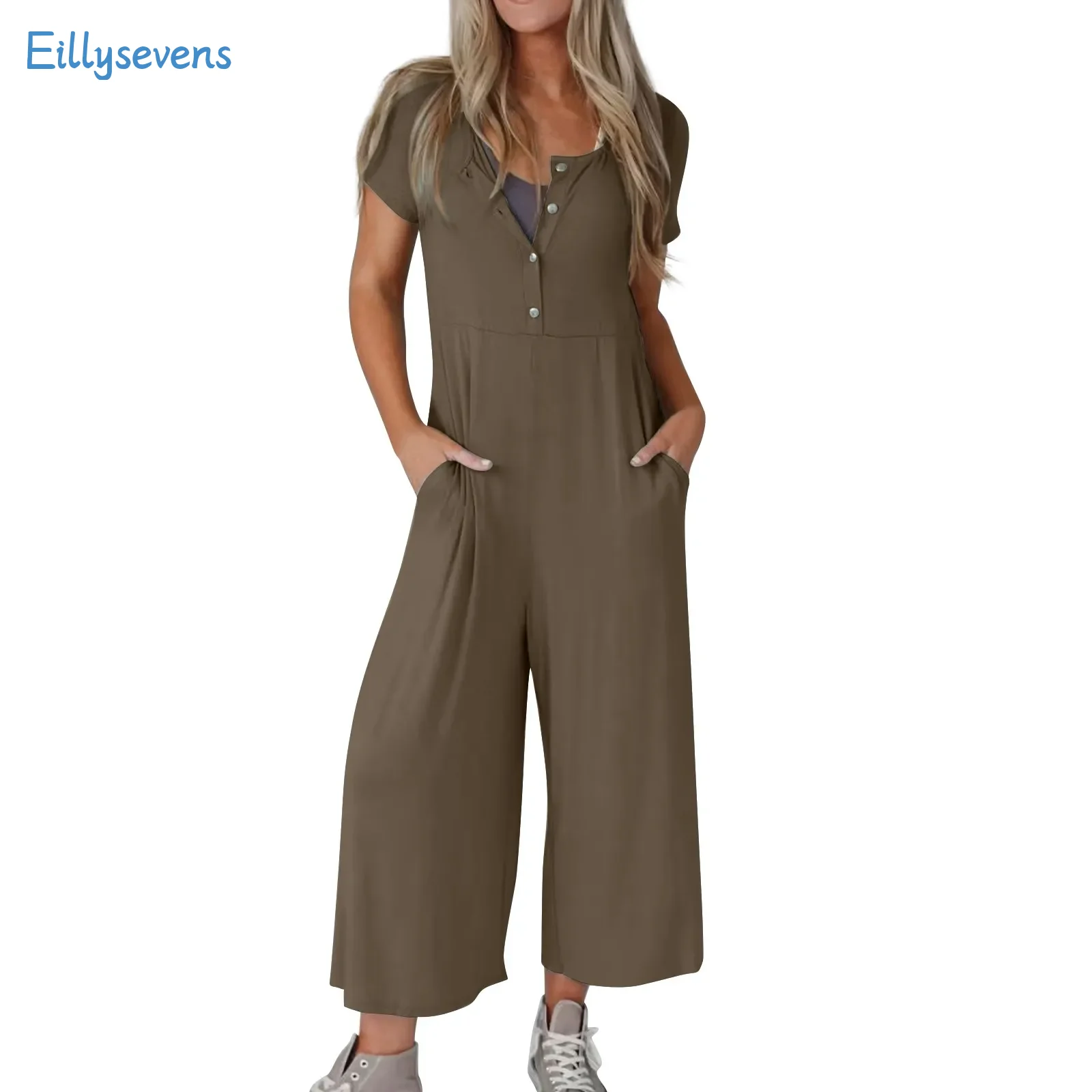 Women'S Casual Jumpsuits Spring Summer Short-Sleeved Button Jumpsuits Solid Color Loose Straight Cropped Rompers With Pockets