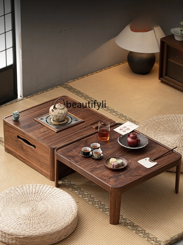 Charcoal Stove Cooking Tea Table Walnut Log Tea Table Solid Wood Household Square Balcony Table  living room furniture