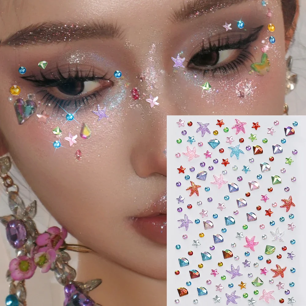 2 Blatt schillernder Stern, rundes Gesicht, Juwelen, Tattoo-Aufkleber, Seestern, Kristall-Edelsteine, gefälschtes Tattoo für Augen- und Körper-Make-up, Strass-Dekor – Detail 8