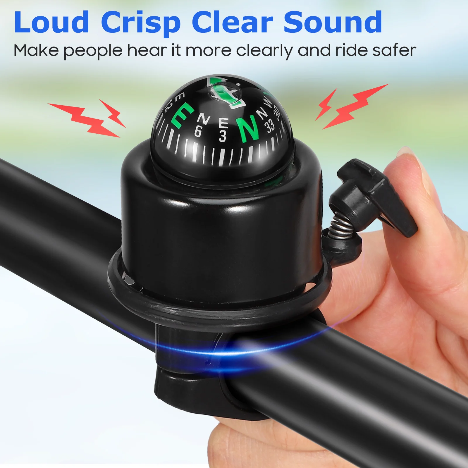 بوصلة جرس الدراجة المتينة تحذيرية تصميم أسود مقاوم للمطر للدراجات والدراجات الإلكترونية سهلة التركيب والاستخدام في الهواء الطلق