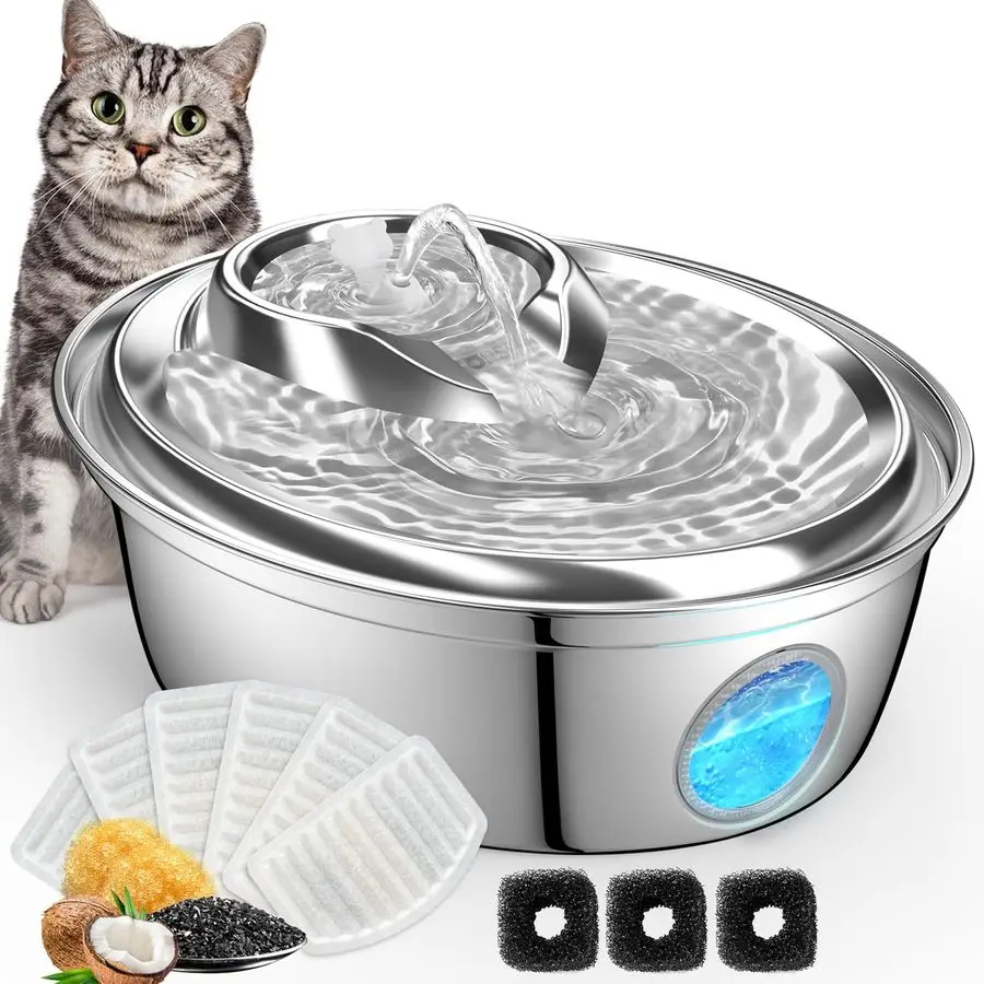 

Фонтан для кошек из нержавеющей стали, автоматический поилка для домашних животных, диспенсер для воды для собак, 67 унций, 2 л с визуальным уровнем воды Win