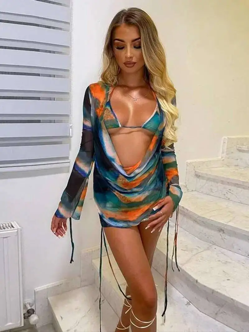 Sexy 3 peças conjunto feminino manga longa colheita superior e mini saias e sutiã fino conjunto de três peças primavera verão roupas moda pk9v