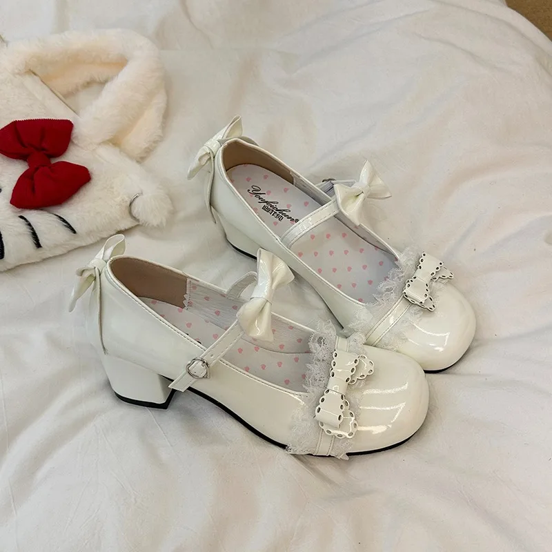 2026 New Ruffled Lace Trim Design Women High Heel Lolita Shoes Fashion Bow Decor Solid Round Toe Comfort Casual Single Shoes
