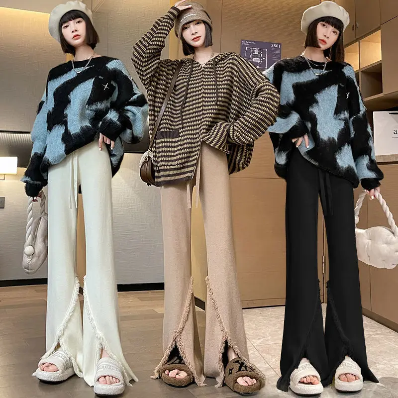 

Tassel mopping wide leg pants for female students elastic high waisted drawstring for slimming effect, split straight leg pants