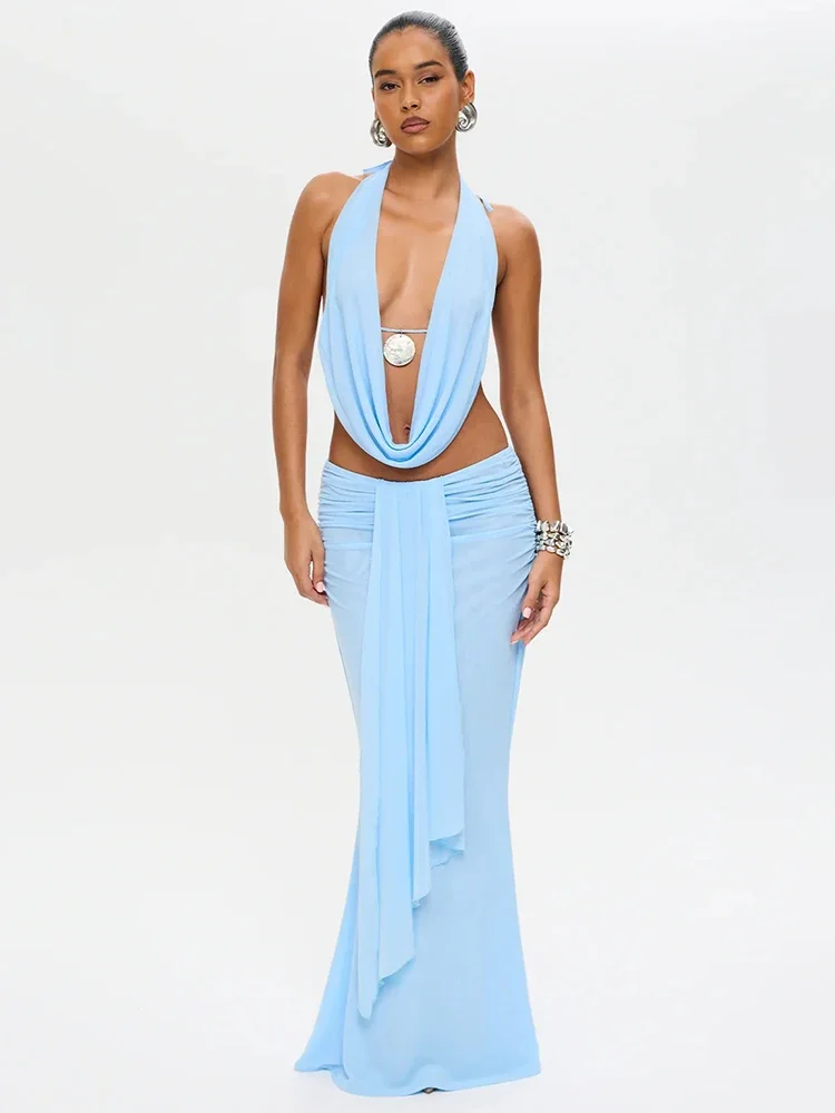 Sexy Dress Set Women Halter Crop Top And Maxi Skirt Matching Sets Female Elegant Beach Club Party Skirt Two Piece Set image 4