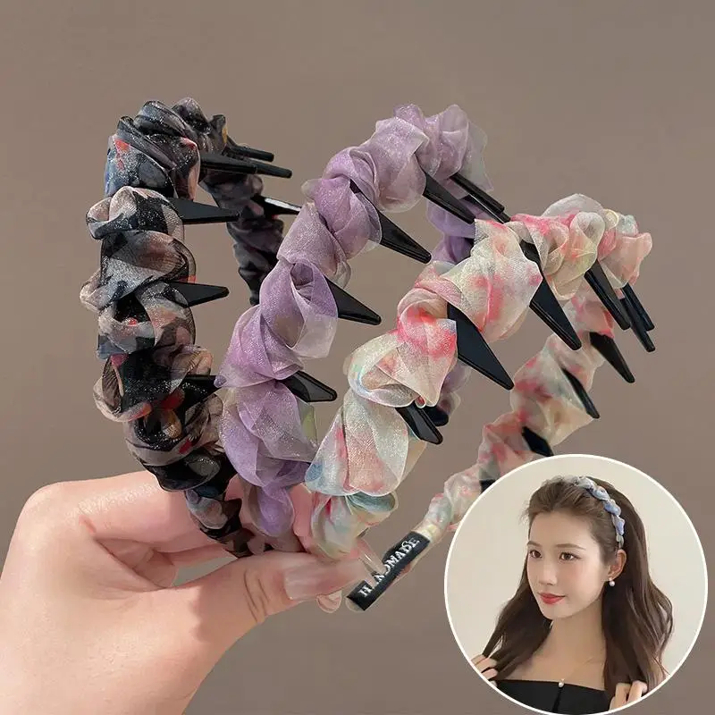 

1pc Gradient Pleated Mesh wave long teeth headband Anti-fall resin plastic with teeth non-slip headband for women face wash