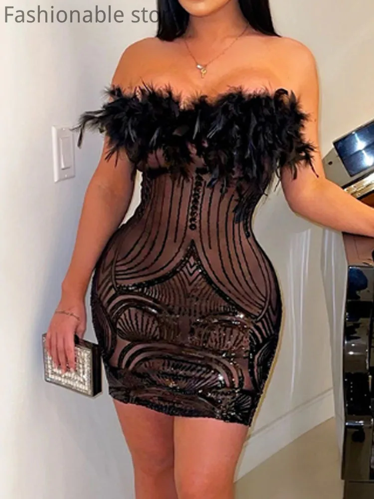 Robe de soirée Bandeau Sexy pour femmes, couleur unie, maille transparente, Patchwork, paillettes, plumes, décor