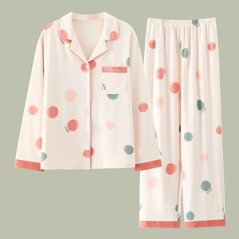 2024 New Pajamas Women Spring Autumn Pure Cotton Sleepwear Long Sleeved Lapel Loose Homewear Set V-neck Print Loungewear
