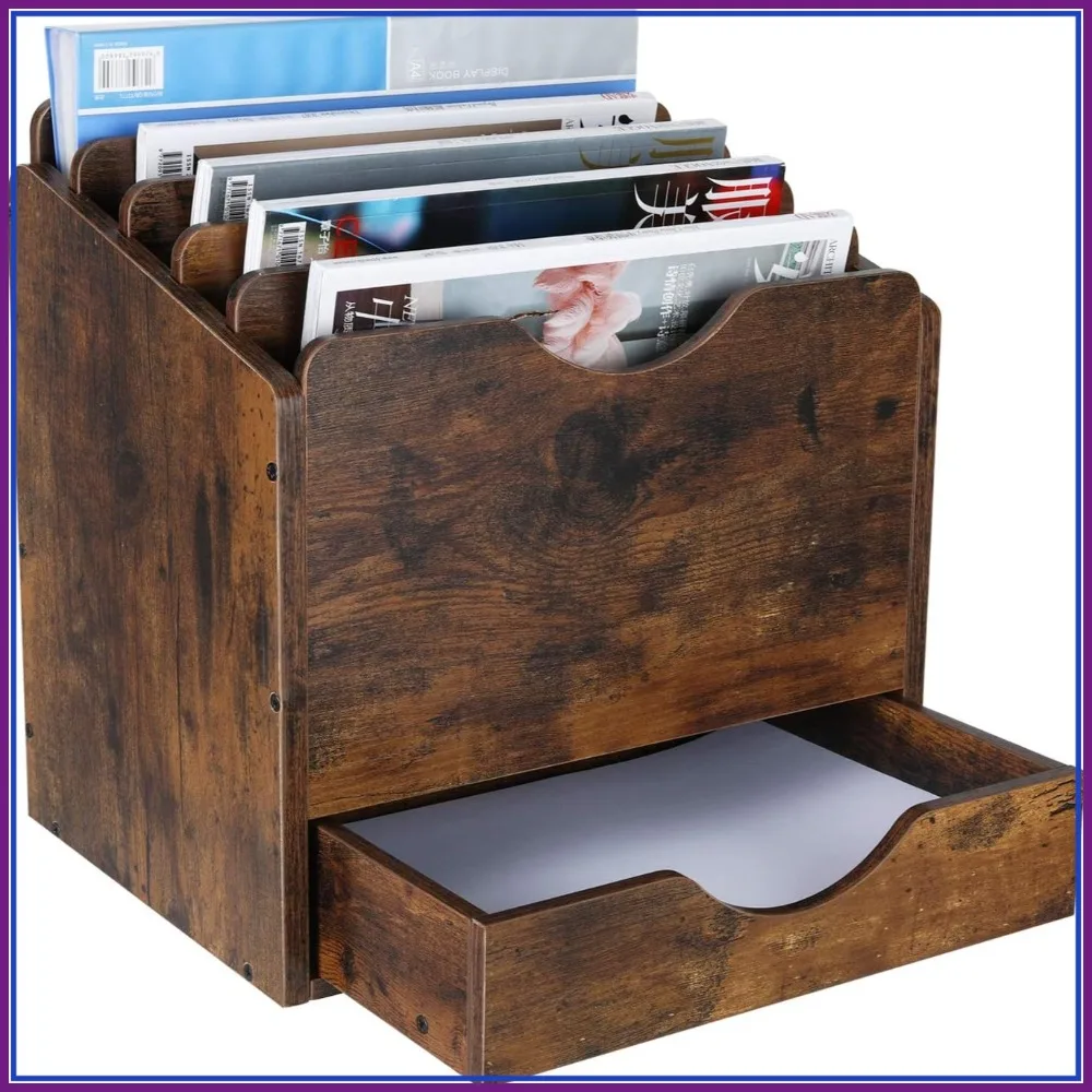 

Wood Desktop File Holder Organizer Mail Sorter with Drawer, 6 Compartments for File Folders, Mails, Envelopes, Magazines