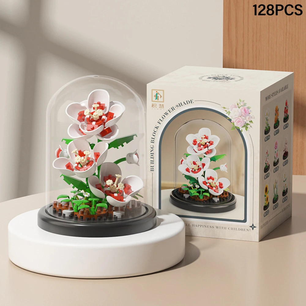 DIY MOC Ewige Blumen Staubschutzhaube Tulpe Rose Sonnenblume Sukkulente Garten Mikro-Baustein-Set Heimdekoration Geschenk für Sie – Detail 9