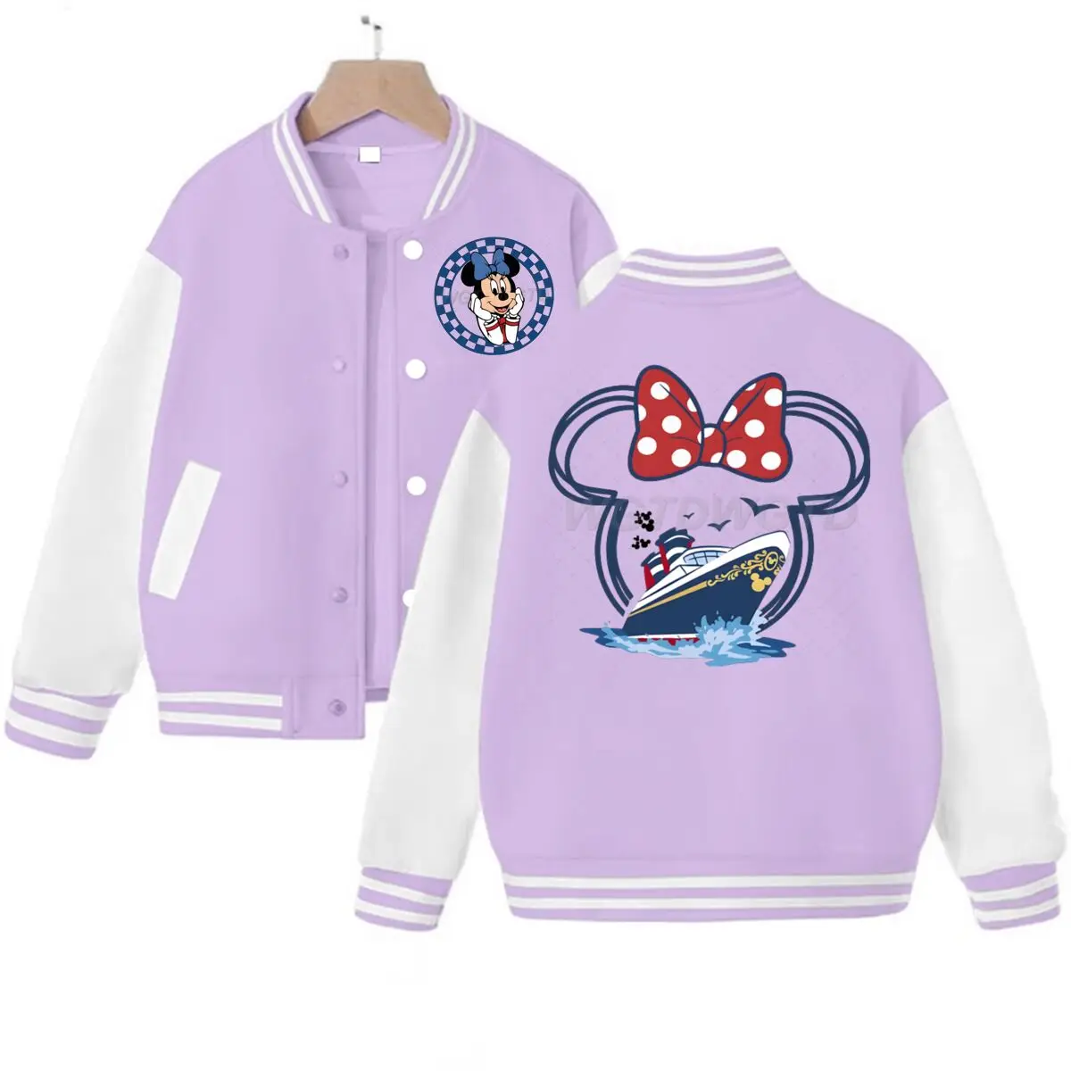 

Kids' Pink Bomber Jacket Minnie Mouse Cruise Color Block Baseball Jacket Kids and Adults Cruise Squad Vacation Family Overcoat