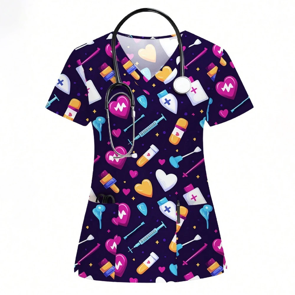 Hospital Nurse Uniforms Women Medical Uniform Print Scrub Top Silk Dental Clinic Work Clothes Mens Scrubs Short Sleeved Jacket