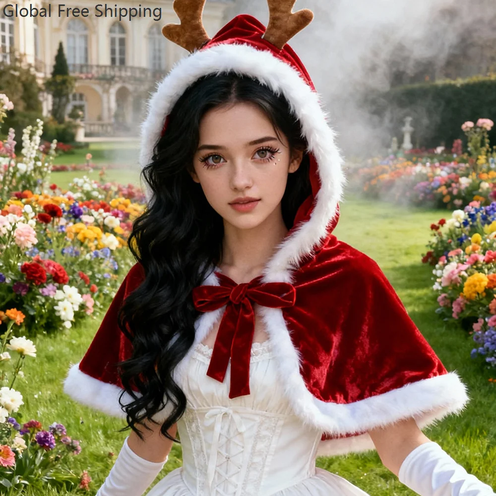 2025 عيد الميلاد قرن الوعل كيب السيدات لطيف عيد الميلاد مقنعين عباءة الأحمر رقيق مثير حفلة عيد الميلاد تأثيري مرحلة الأداء فستان