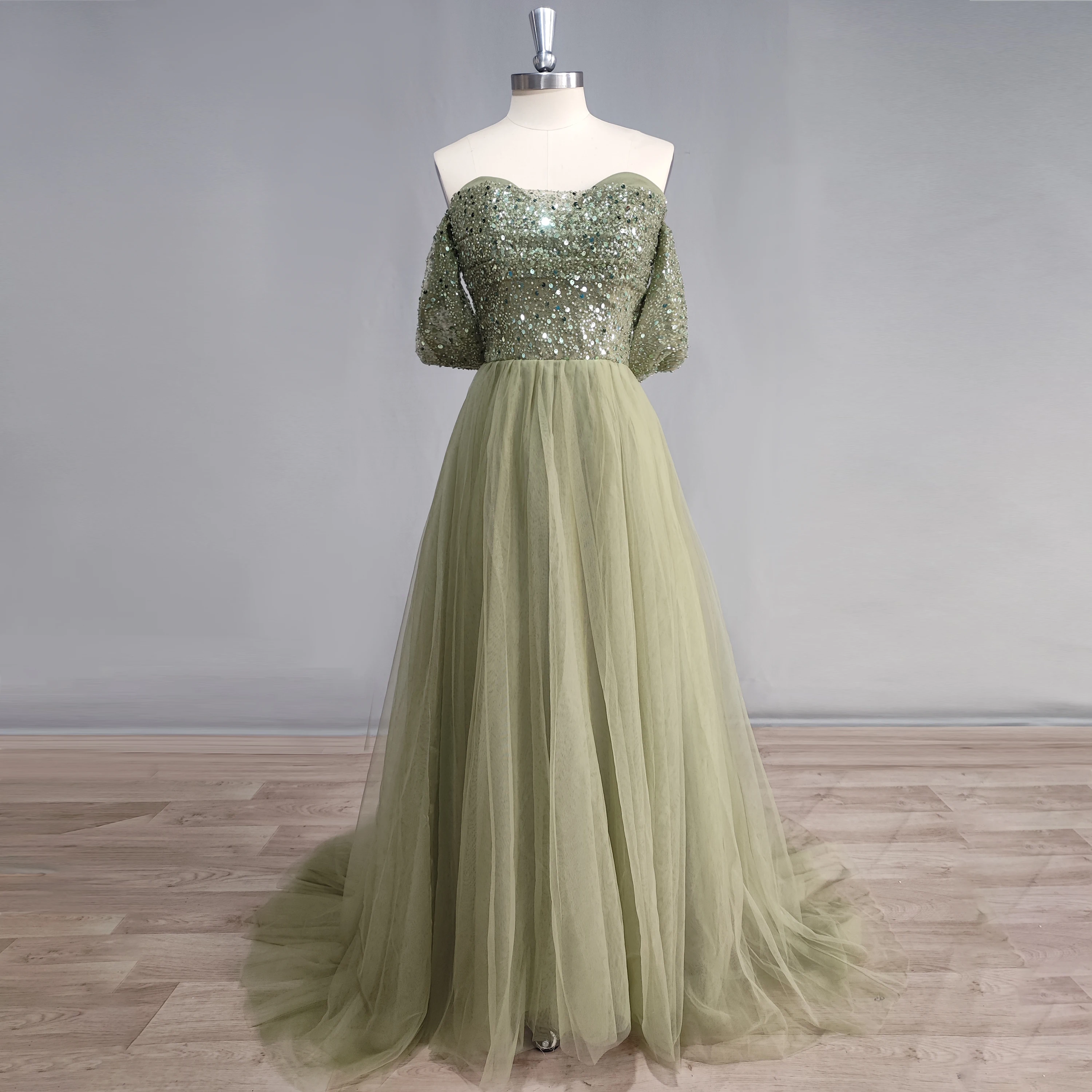 

DIDEYTTAWL Real Photos Shiny Beaded Sequins Tulle Green Sweetheart Prom Dress A-Line Off Shoulder Backless Evening Gown 2023