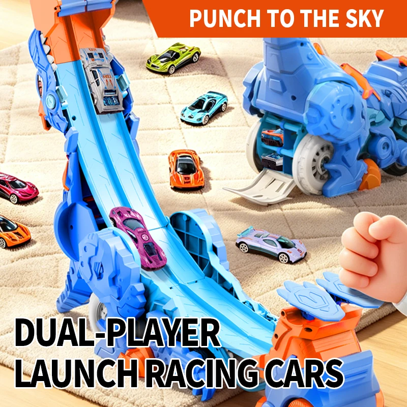 Transformable Dinosaur Track Car Toy, 4-in-1 racing playset with 6 alloy cars, battery-free, dual track & storage, kids gift